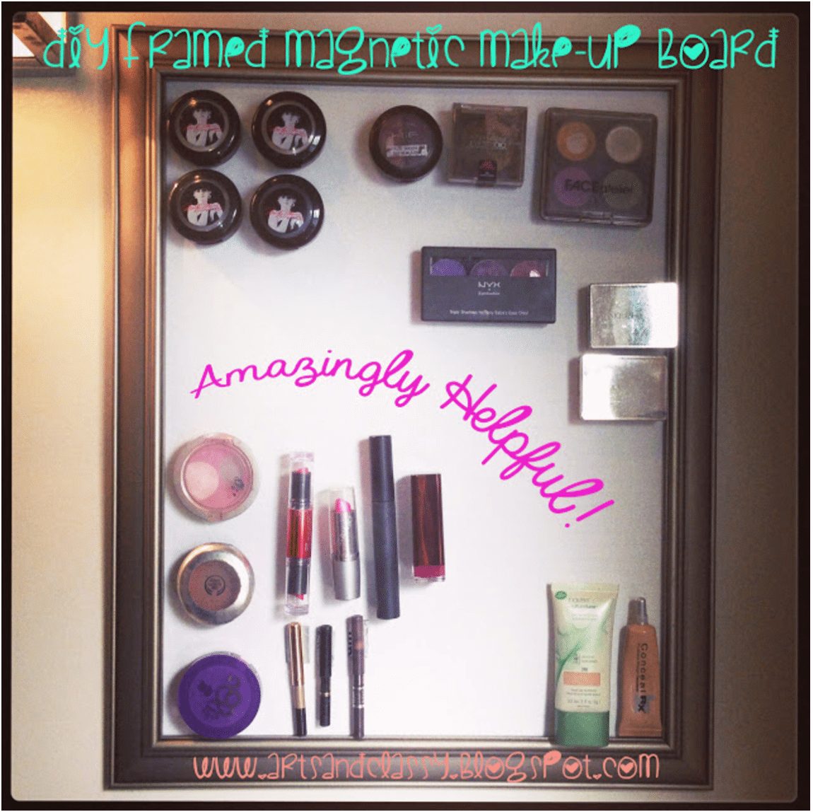 A Classy DIY Framed Magnetic Makeup Board - A simple storage solution for a small bathroom.
