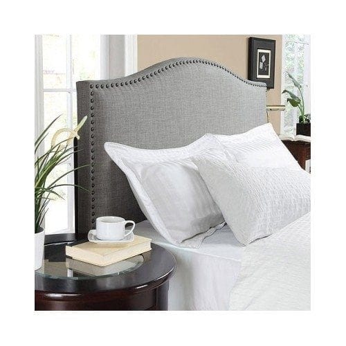 Modern Arch Upholstered Padded Gray Linen Fabric Headboard with Metal Nailheads -Queen