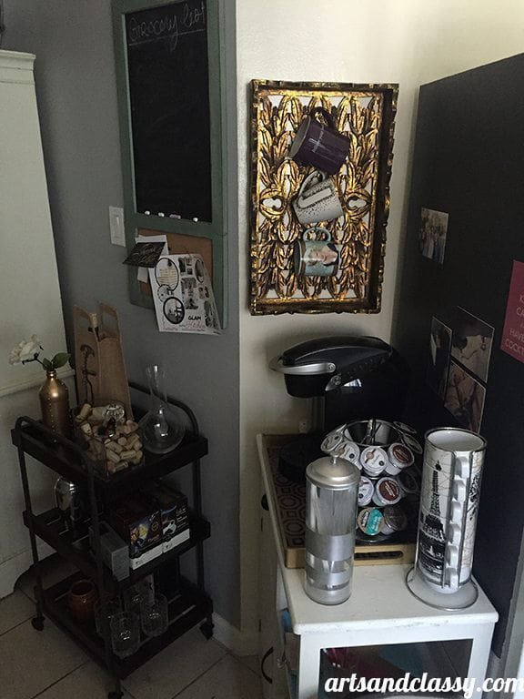 #30DayFlip A ZGallerie tray get's repurposed as a coffee mug holder for my cute little coffee station in my vintage glam rental kitchen makeover via www.artsandclassy.com