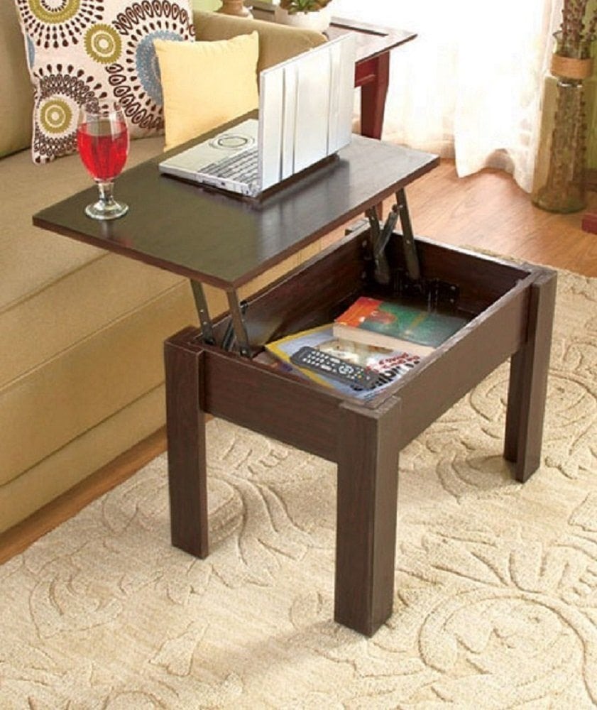 Contemporary Lift-Top Wooden Sofa End Coffee Table with Storage Compartment, Brown