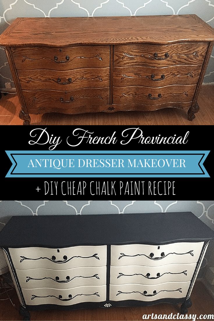 DIY French Provincial Antique Dresser Makeover + DIY Cheap Chalk Paint Recipe. Learn more at artsandclassy.com.