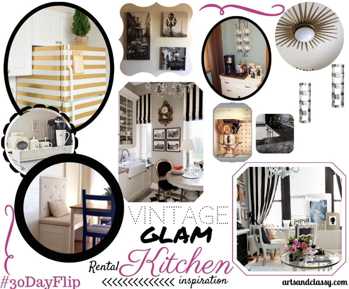 Check out my #30dayflip Vintage Glam Rental Kitchen Inspiration Mood Board for my next room makeover in April via www.artsandclassy.com