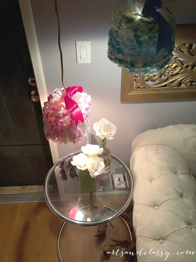 DIY PROJECT - Ruffled pendant light tutorial from repurposed yogurt container via artsandclassy.com