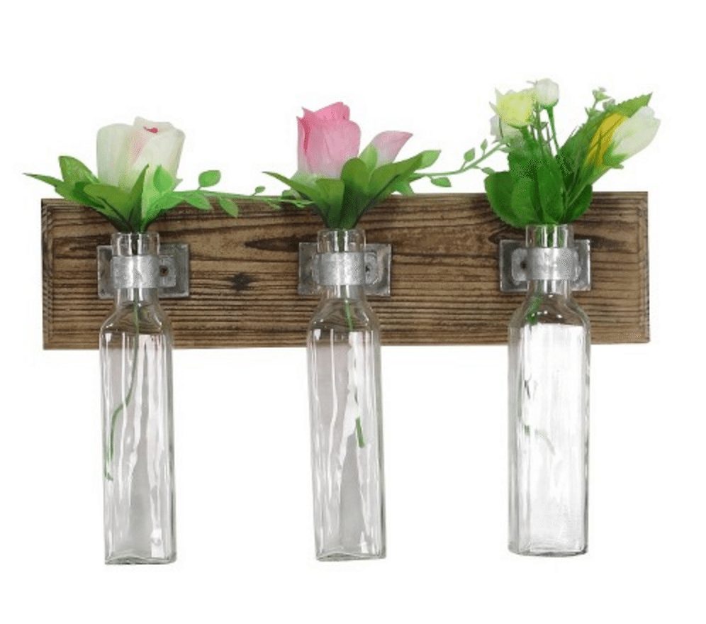Wood And Metal Glass Bottle Flower Holder