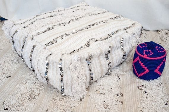 Beautiful Handira pouf made from traditional berber wedding blanket - handmade, vintage, Moroccan, with sequins