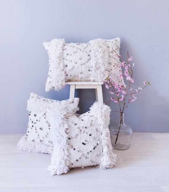 Moroccan Wedding Blanket Pillow, Handira, Lumbar Pillow, Bohemian Decorative Pillow, Boho Pillow, Sequin Pillow, Cream Pillow, Wedding Gift