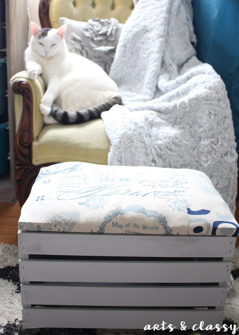 How To Create a Wooden Crate Rolling Storage Ottoman. My cats are already enjoying this project