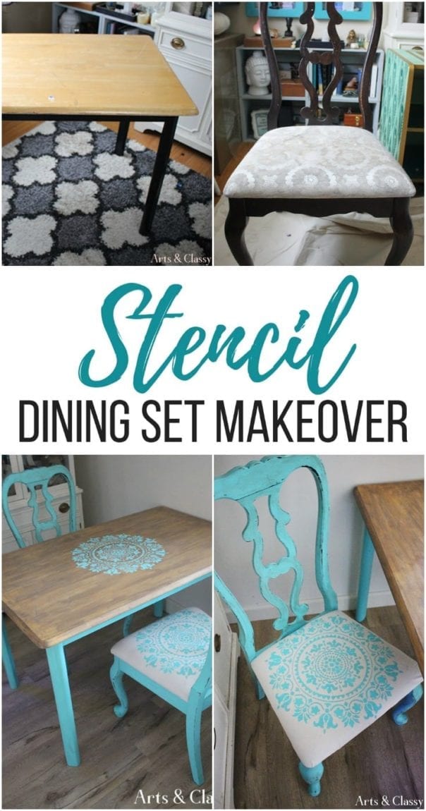 Follow this step-by-step stencil table top makeover and see how I transformed a curbside dining set with a gratitude stencil. How to stencil a table top and dining chairs.