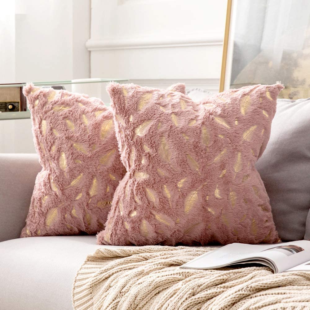 Glam Spring Decor - Spring Decorating Ideas On a Budget - Decorative Throw Pillow Covers Plush Faux Fur with Gold Feathers