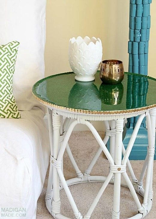 Green glitter top table - Green is a hot home decor trend right now, so check out these gorgeous furniture flips. Furniture makeovers with all shades of green paint | Green painted furniture. 