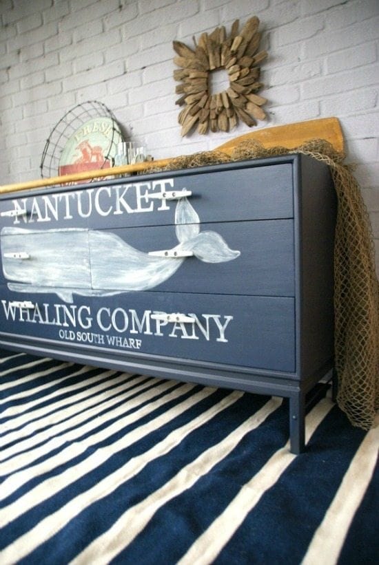 nautical whale dresser - Check out these 15 Nautical Furniture Flips - DIY furniture inspiration with coastal flair. How to paint furniture for nautical and coastal home decor.