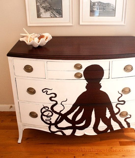 octopus painted dresser - Check out these 15 Nautical Furniture Flips - DIY furniture inspiration with coastal flair. How to paint furniture for nautical and coastal home decor.