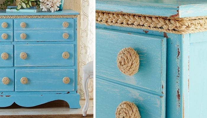 DIY rope knobs - Check out these 15 Nautical Furniture Flips - DIY furniture inspiration with coastal flair. How to paint furniture for nautical and coastal home decor.