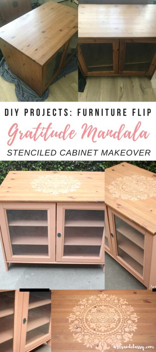 Gratitude Mandala Stenciled Cabinet Makeover #DIYfurniture #furnitureflip #mandala #gratitude