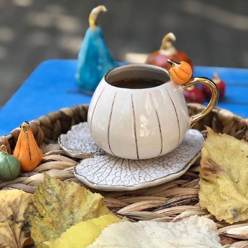 Handmade Pumpkin BİG Ceramic Cup and Saucer, 3D Pottery Cup 8oz