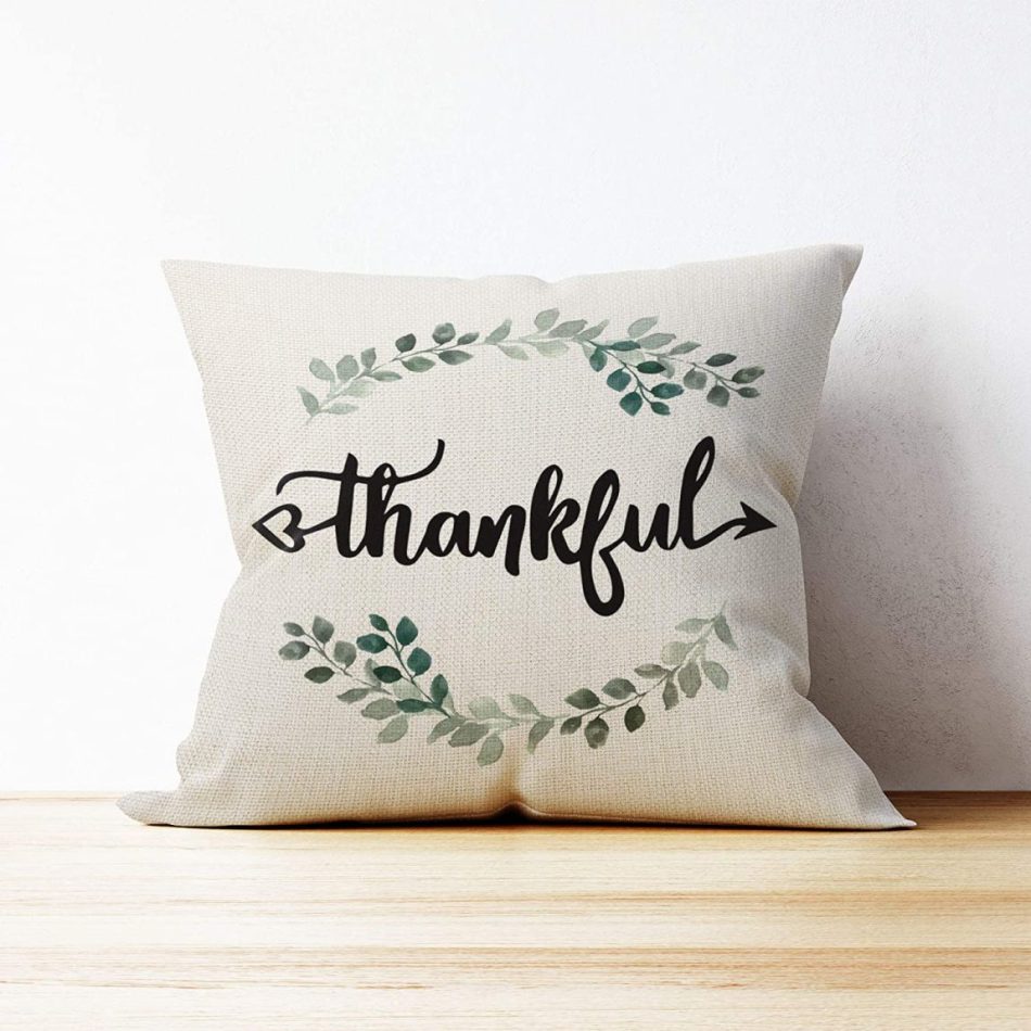 Thankful Throw Pillow Case, Thanksgiving Gifts, Housewarming Gifts Family Room Decor, Farmhouse Beach Porch Bench Gift, 18 x 18 Inch Decorative Cotton Linen Cushion Cover for Sofa Couch Bed
