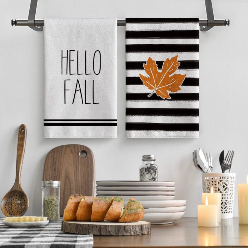 Pumpkin Maple Leaves Happy Harvest Hello Fall Kitchen Towels and Dish Towels