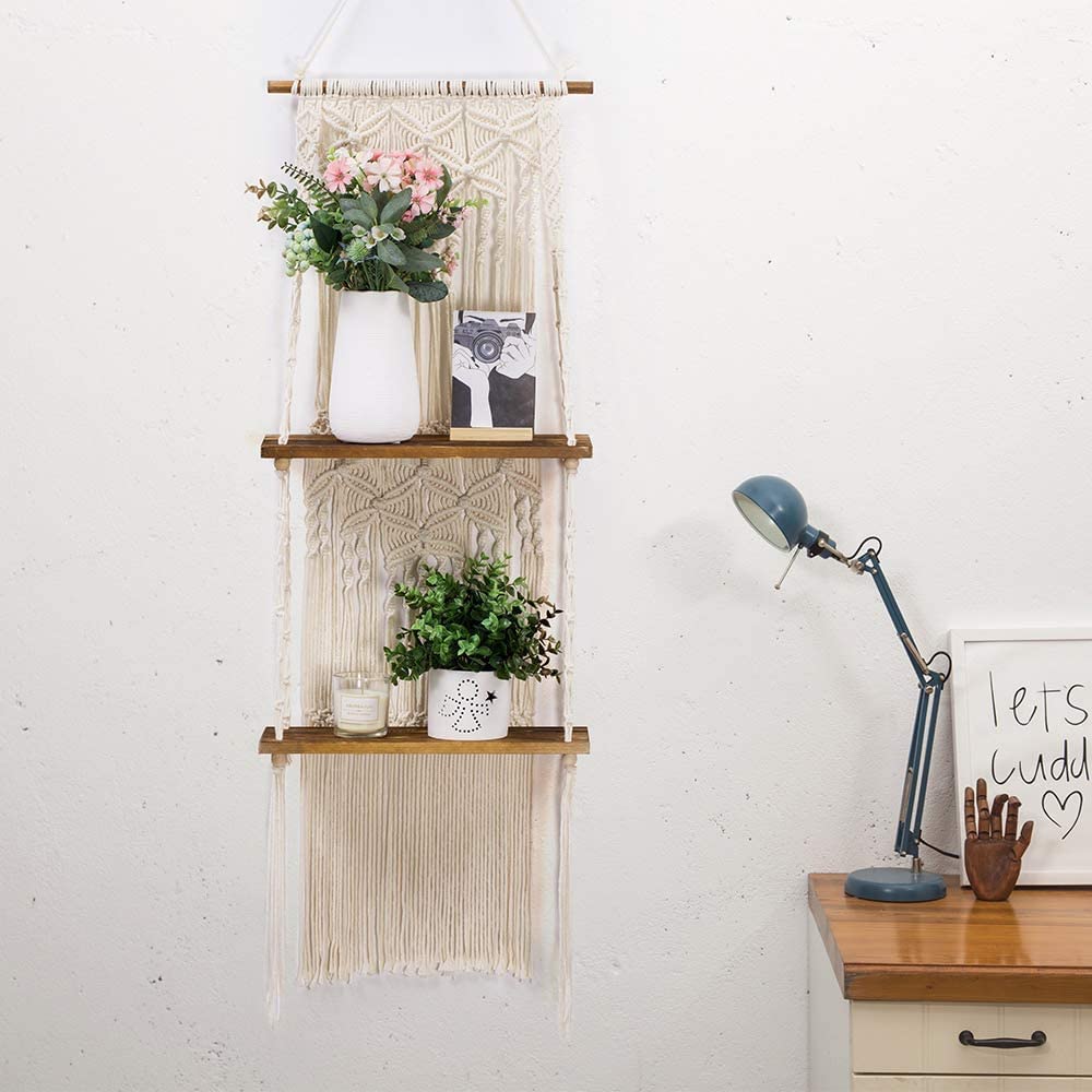 2 Tiers Bohemian Macrame Wall Hanging Shelves - Where to Buy Large Macrame Hanging Wall Decor - Macrame hanging | Macrame planter | Macrame curtains | Macrame ideas | Macrame decor | Macrame circle | Macrame hanger | Hanging macrame | Textile inspiration | Textile art | Textile love | Textile fabric | Textile design | Woven hanging | Textile fabric