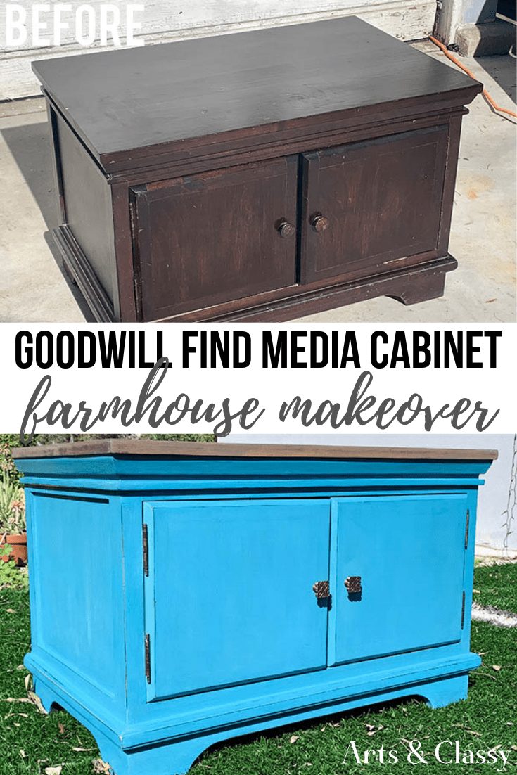 Client Project: Goodwill Find Cabinet Gets A Rustic Farmhouse Makeover #thriftstorefind #farmhousedecor #furnitureflip #mediacabinet #cabinet #chalkpaint