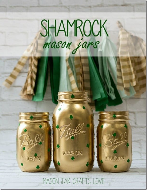 CCheck out these amazing St. Patricks day decor ideas for your home! You can decorate your home on even the smallest of budgets. These mason jars with shamrocks are perfect for the occasion.