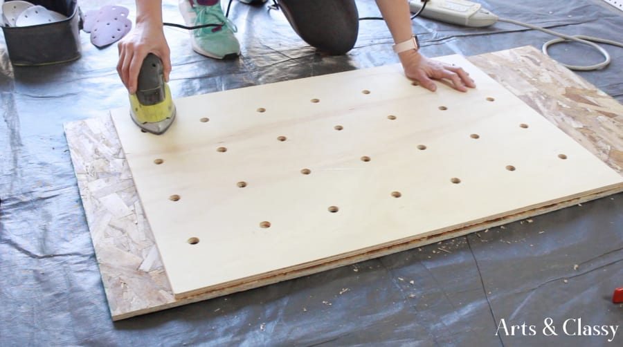 DIY Pegboard Entryway Project - Sanding plywood