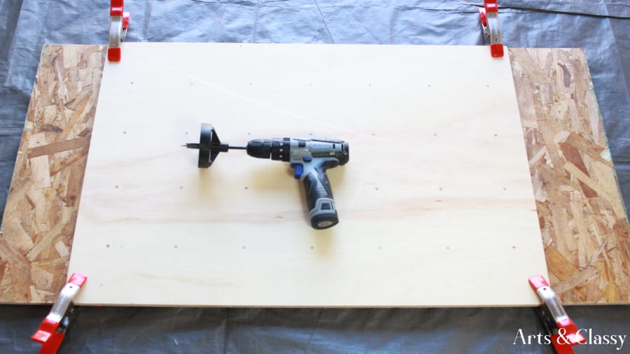 DIY Pegboard Entryway Project - WorkPro Drill with spade bit and jig to make sure I am drilling at the right angle. 