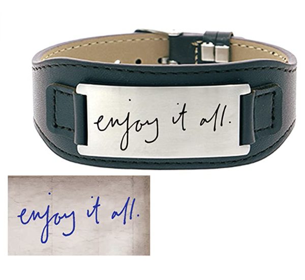 This bracelet is made of the highest quality Steel & leather. It is easy to put on & take off, also very secure and can be worn all the time. You can personalize this bracelet engraved with real handwriting, signature, name, initial, date, or longitude & latitude of location. This is a perfect personalized gift that he will cherish.