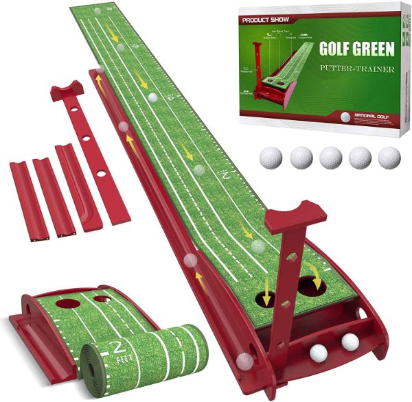 If he is a golf fan then this will be hours of fun for him in the home or at the office. The key to this product is the quality of the mat surface, this is a true roll on a 10/11 stimp unlike other cheaper mats that have defects.  This helps with actual surface simulation of playing golf. It is easy to assemble and a great gift for the golfer in your life.