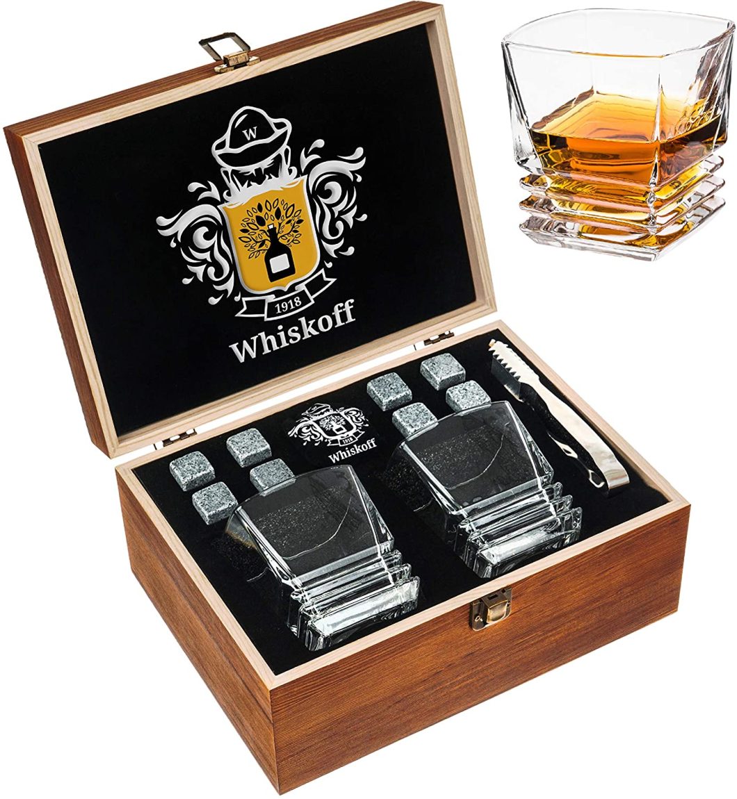 This gift set is a best seller! The reason is because it's made with great quality in mind. The wood box is attractive and not too odd with its lettering.The glasses appeared to be of quality, and not too thin with heavy bottom and good grip. It is a simple hinged wood box with a swing clasp closure.