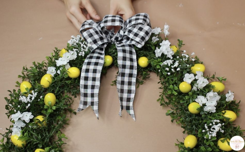 How To Make A Lemon Wreath For The Front Door (Budget Friendly) - Adding Ribbon to Wreath