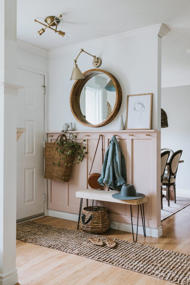 An entryway bench or shelf can add both storage and style to your home.