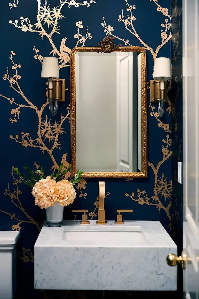 8 Essential Tips for Decorating a Navy Blue Bathroom on a Tight Budget - Add Wallpaper