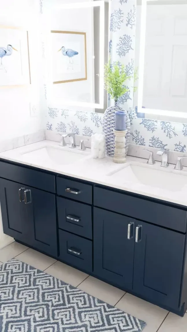 8 Essential Tips for Decorating a Navy Blue Bathroom on a Tight Budget - Add Wallpaper