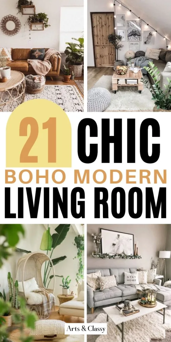 Get inspired to update your living room with these boho modern design ideas! Incorporate natural textures, plants, and unique decor pieces for a one-of-a-kind space. #bohomodernlivingroom #livingroomdesign #homedecor