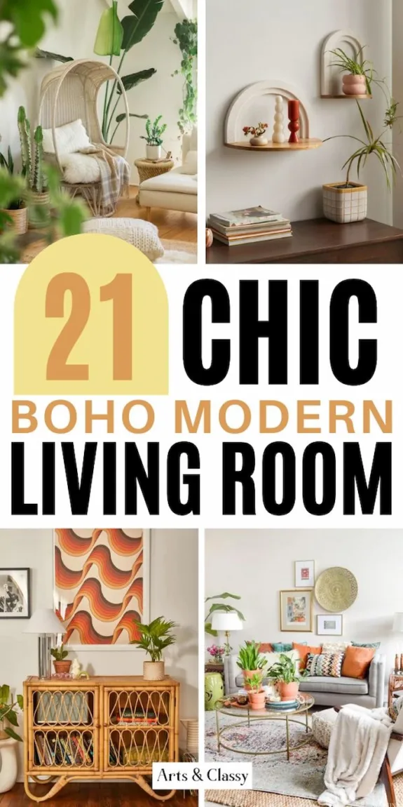 Looking for ways to add a boho modern touch to your living room? These 21 design ideas will inspire you to mix and match textures, patterns, and colors for a cozy and chic space. #bohomodernlivingroom #livingroominspo #homedecor