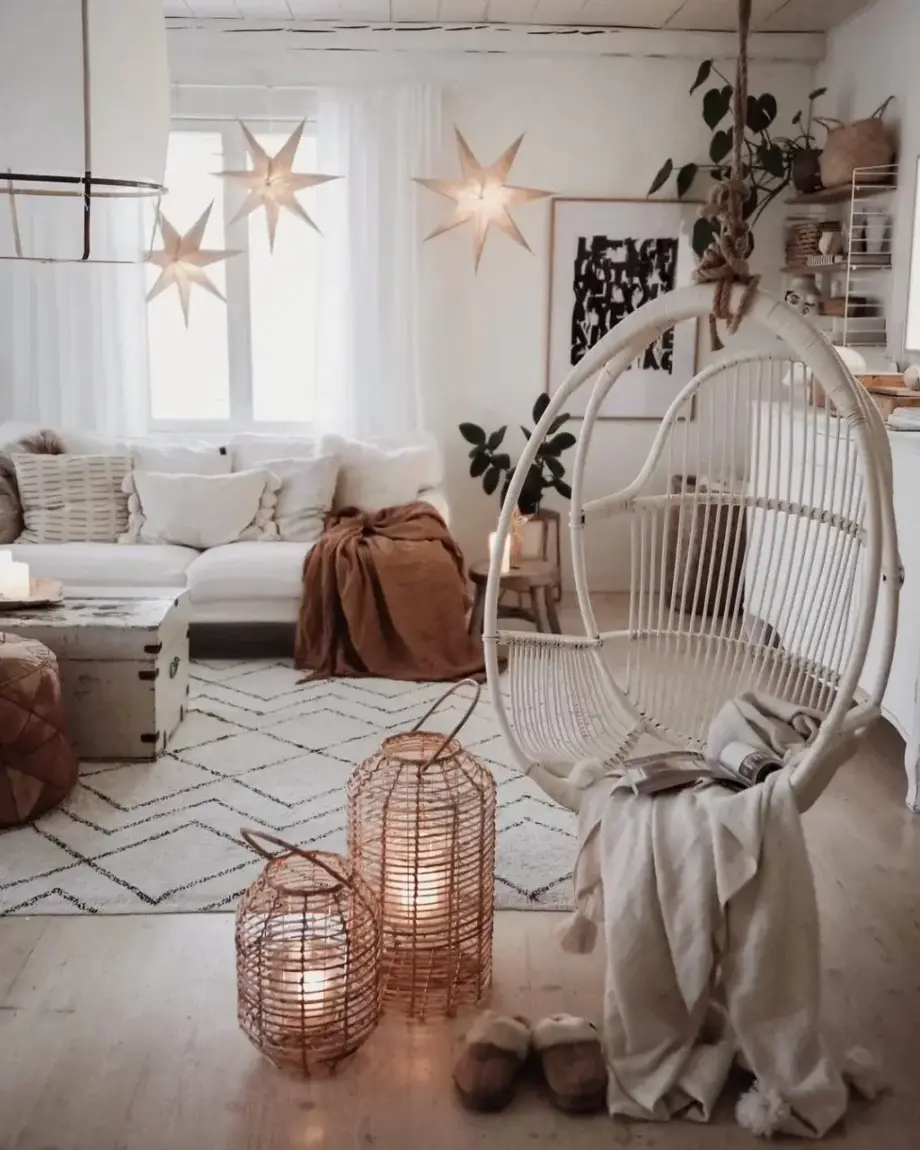 Boho-inspired living room showcasing thrifted and vintage finds