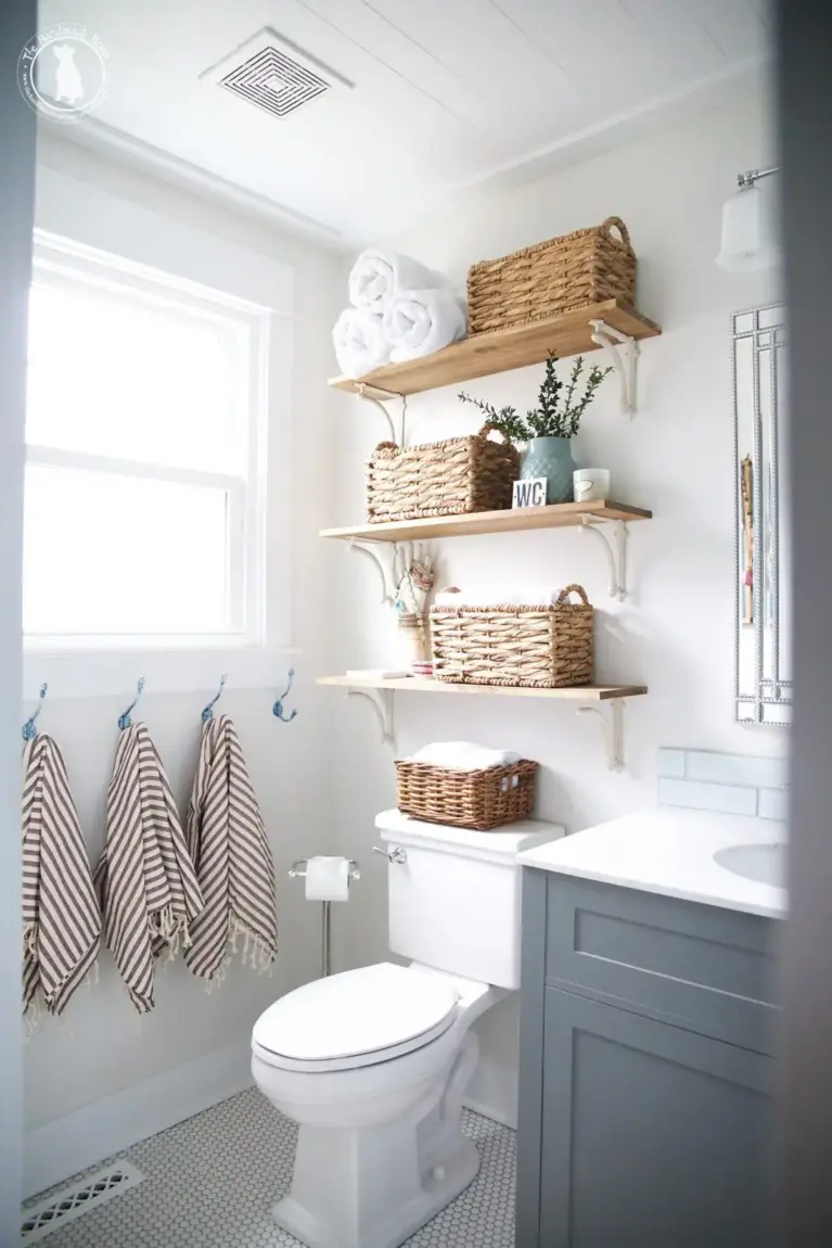 Small but Mighty - 19 Clever Powder Room Ideas for Limited Spaces - Use Wall Mounted Storage Baskets