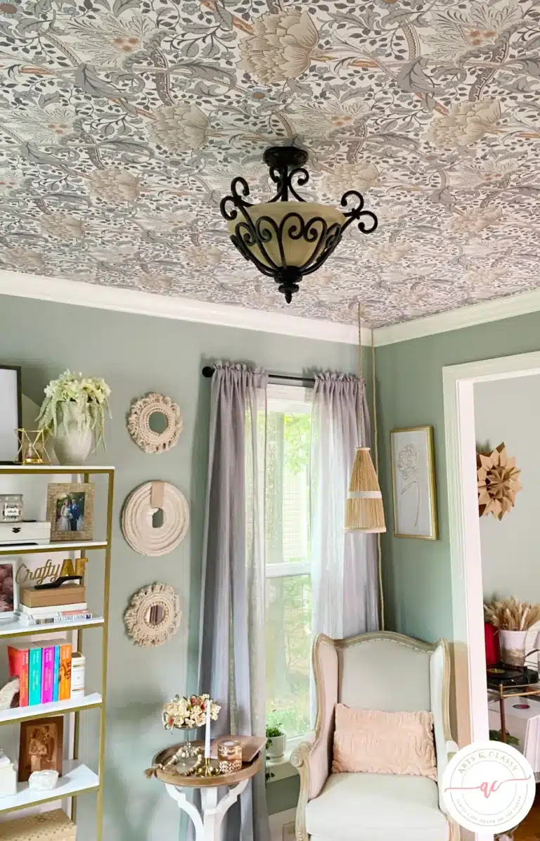 Setting My Sights Higher: Installing Peel and Stick Wallpaper on My Boho Office Ceiling