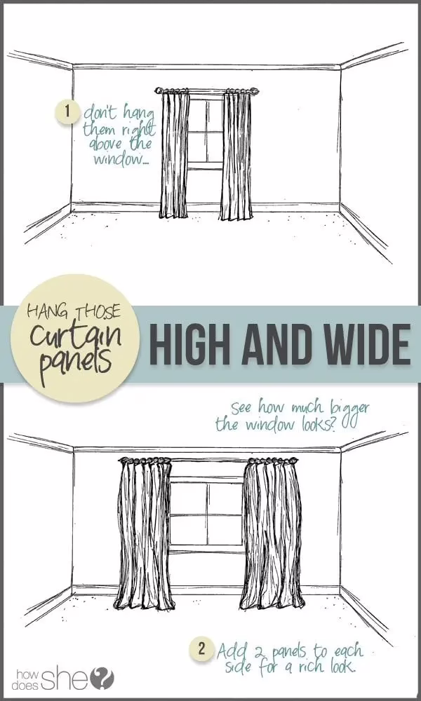 High-mounted curtains hung close to ceiling making the room look taller and more expensive
